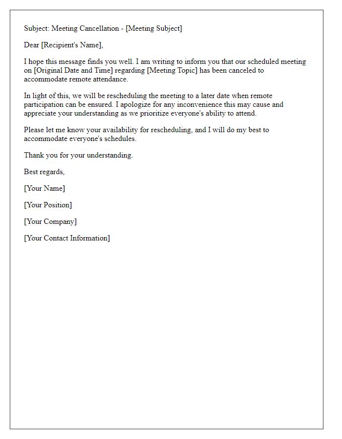 Letter template of meeting cancellation to accommodate remote attendance.