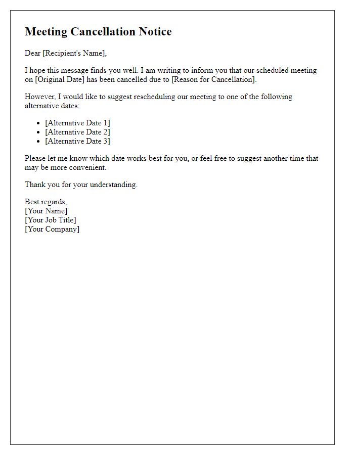 Letter template of meeting cancellation with alternative date suggestions.