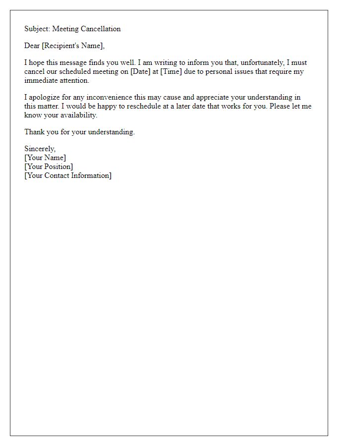 Letter template of meeting cancellation because of personal issues.