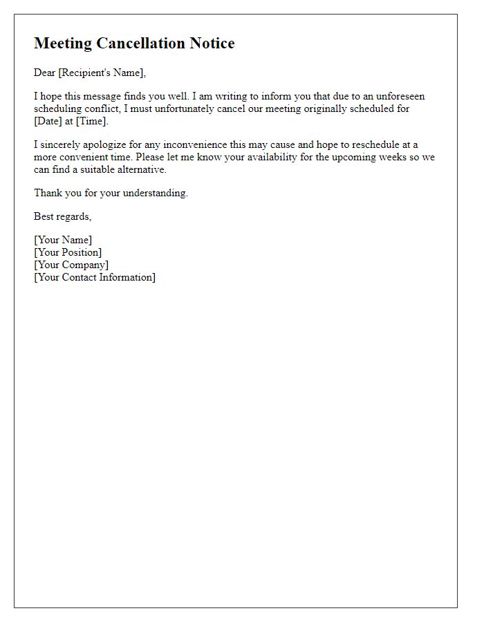 Letter template of meeting cancellation due to scheduling conflict.