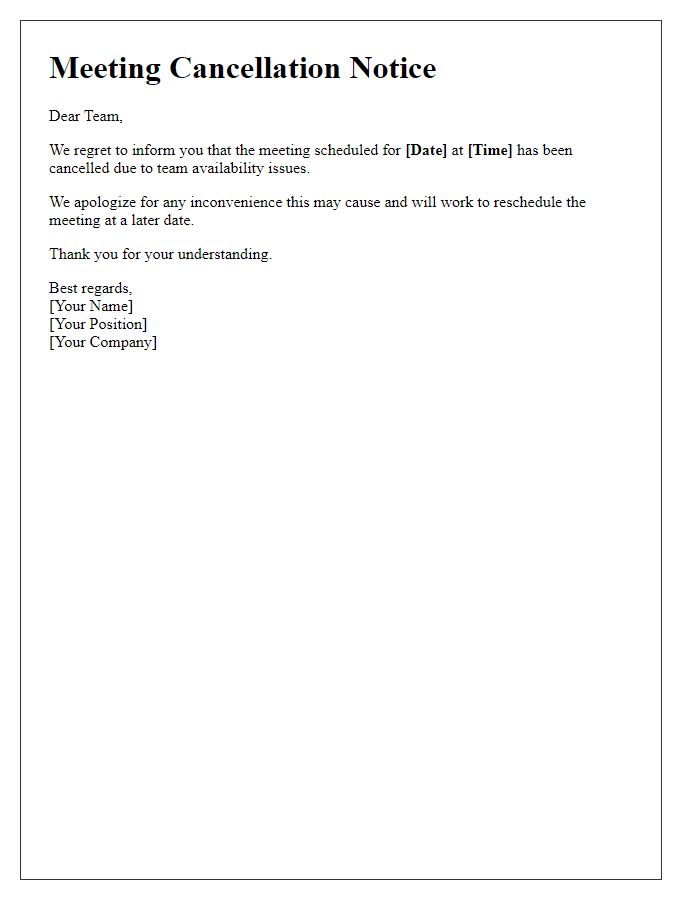 Letter template of meeting cancellation due to team availability.