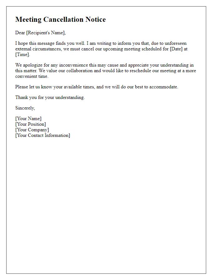 Letter template of meeting cancellation for external reasons.