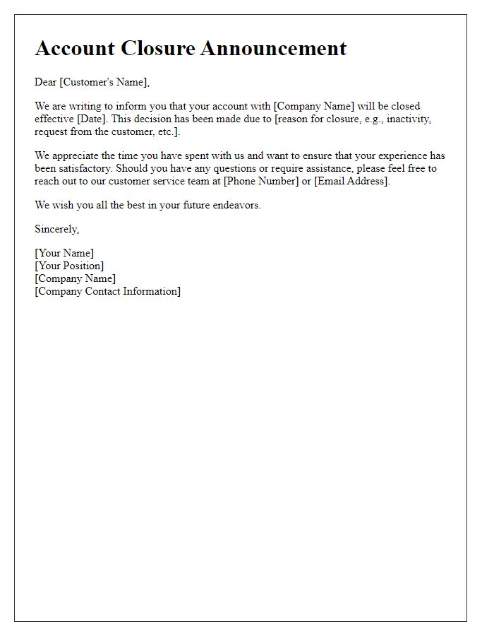 Letter template of account closure announcement