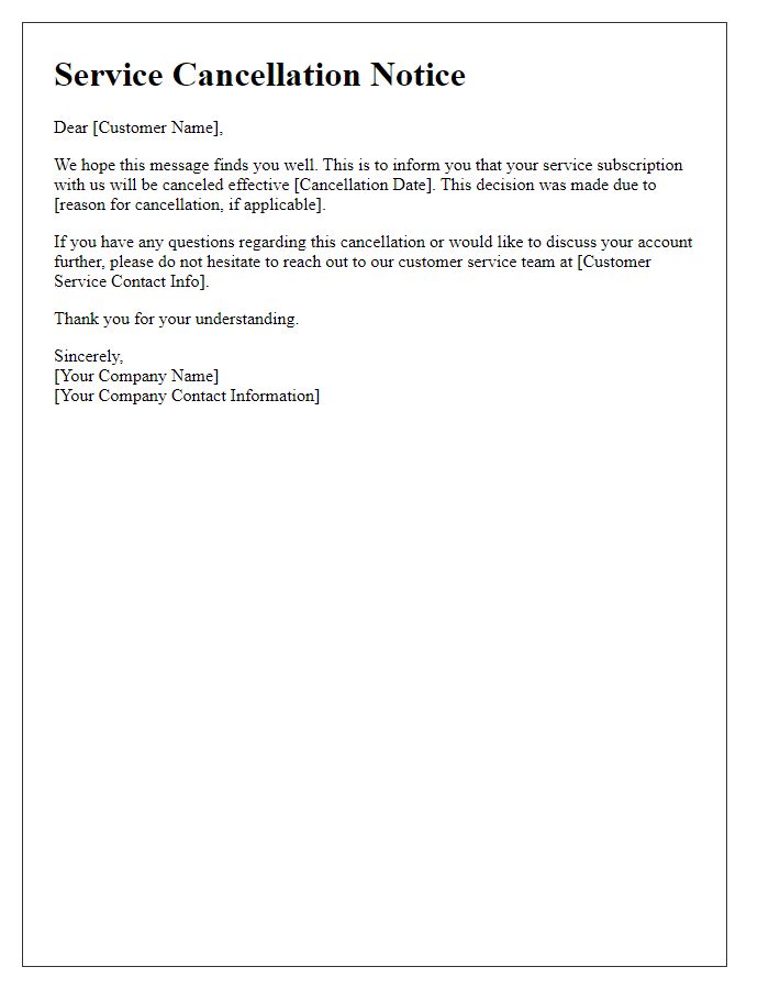 Letter template of service cancellation alert