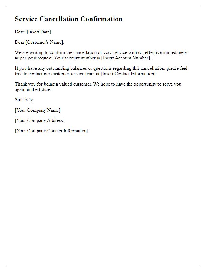 Letter template of service cancellation confirmation