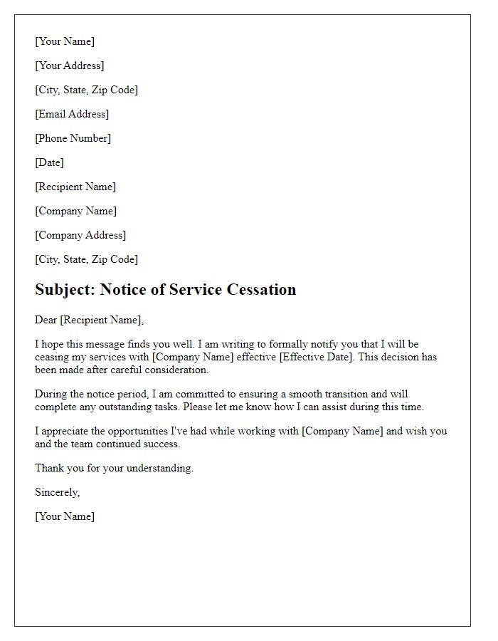 Letter template of service cessation letter