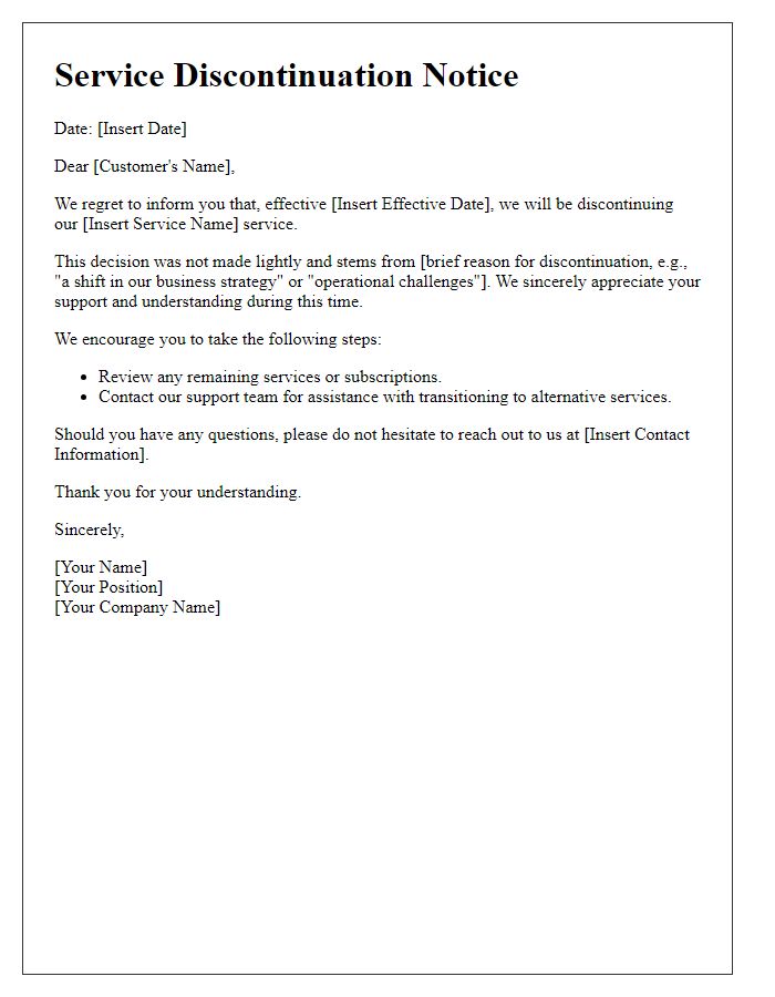 Letter template of service discontinuation communication