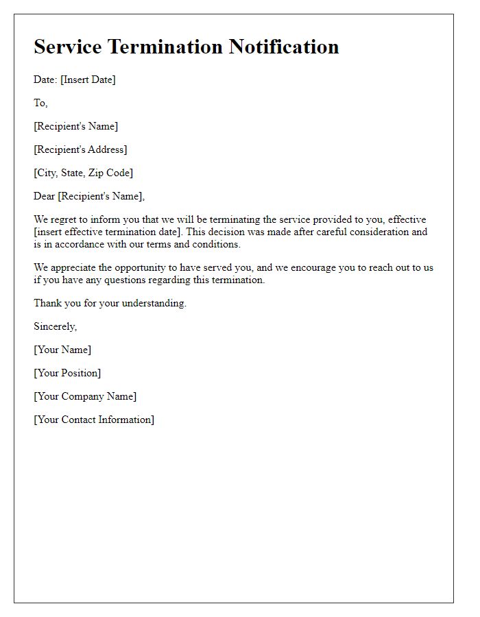 Letter template of service termination notification