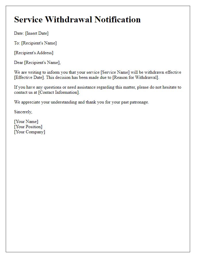 Letter template of service withdrawal information