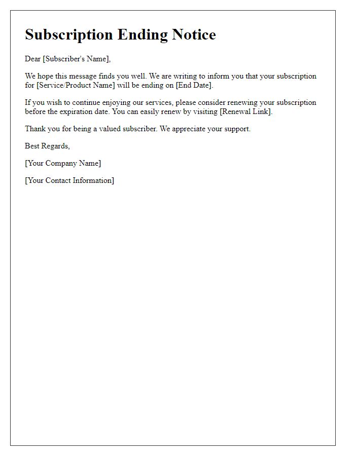 Letter template of subscription ending notice