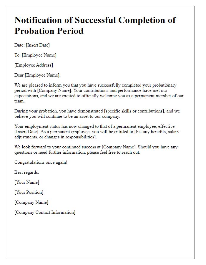 Letter template of notification for passing probation.