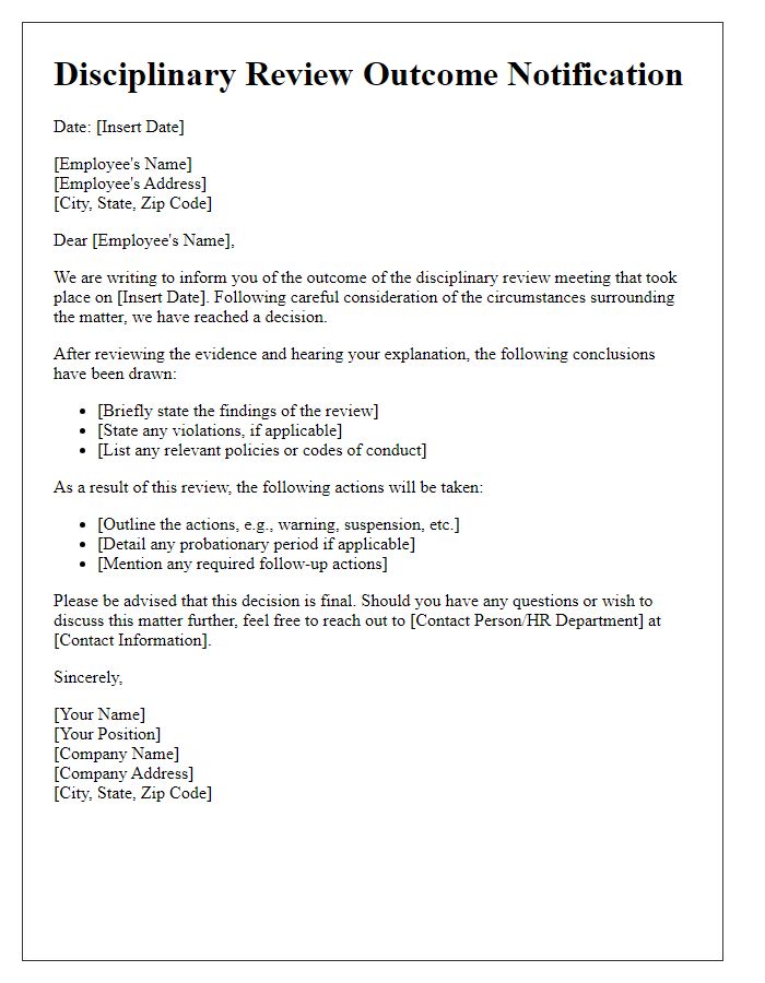 Letter template of disciplinary review outcome notification