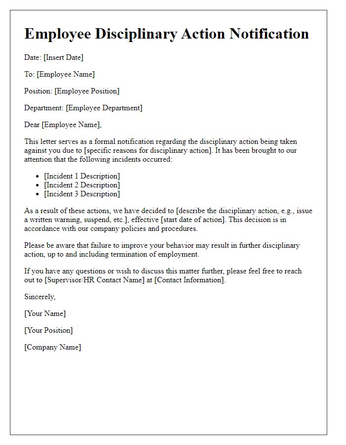 Letter template of employee disciplinary action notification