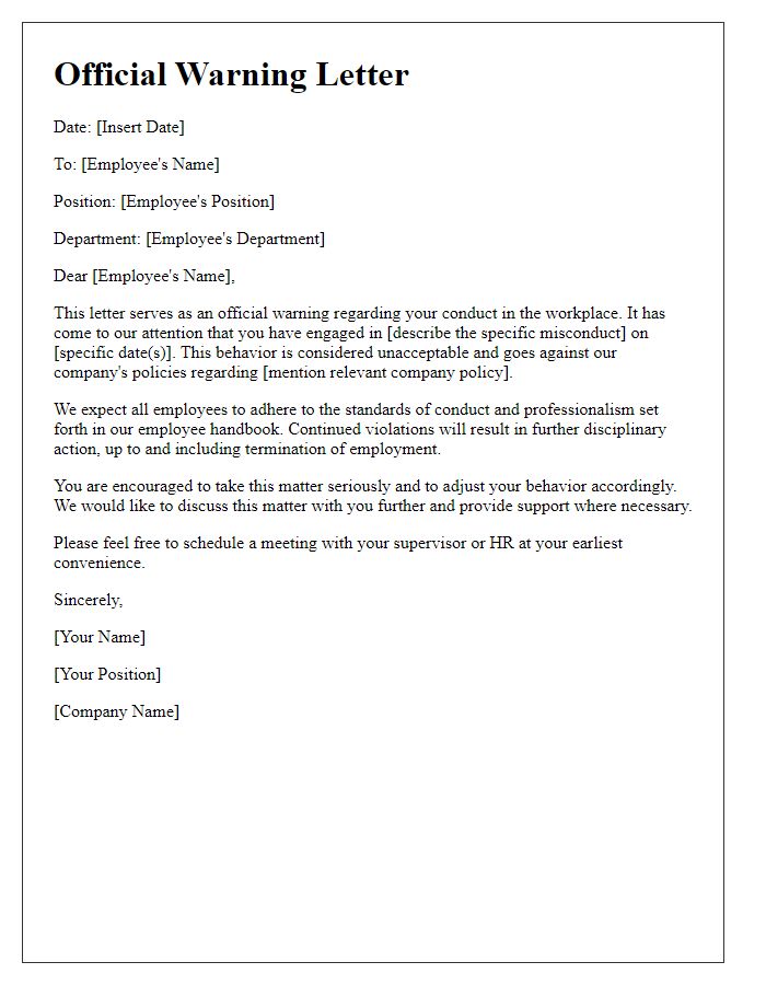 Letter template of official warning for misconduct