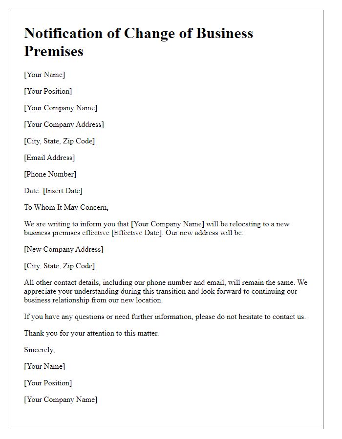 Letter template of business premises change