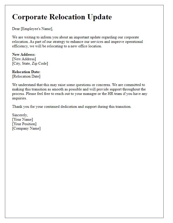 Letter template of corporate relocation update