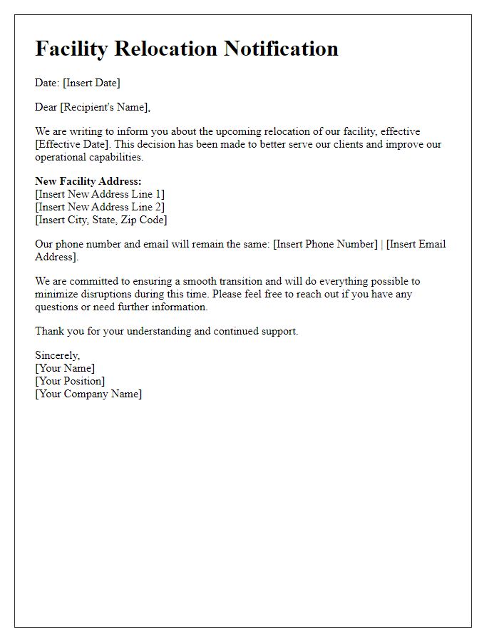 Letter template of facility relocation details