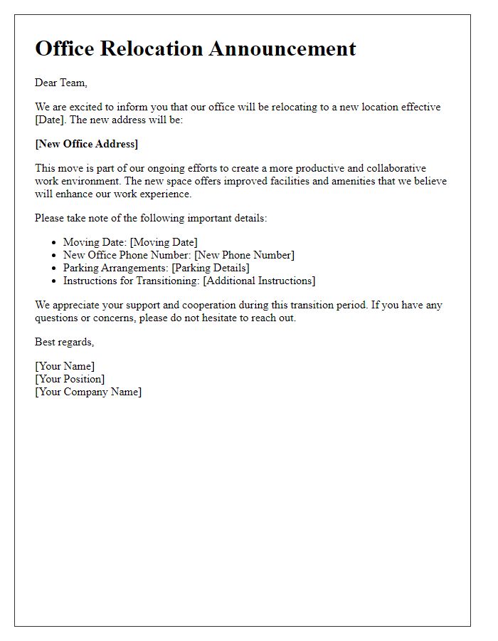 Letter template of office relocation communication