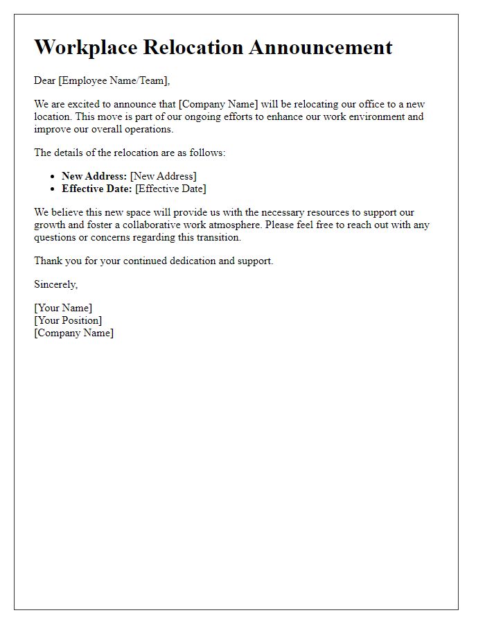 Letter template of workplace relocation announcement