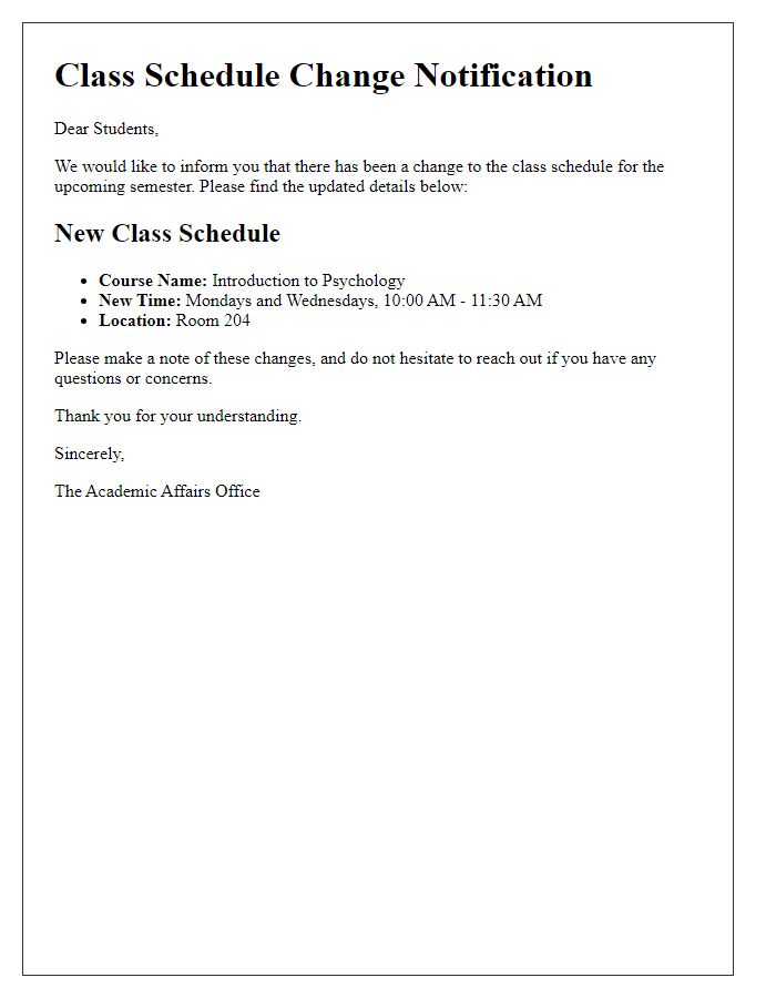 Letter template of altered class schedule information