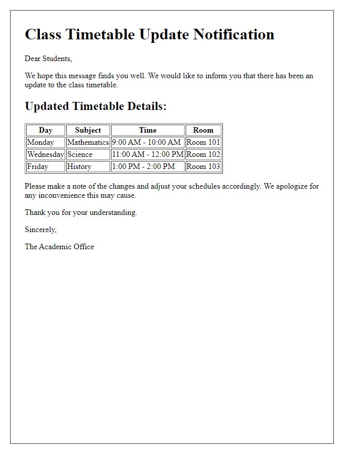 Letter template of class timetable update notification