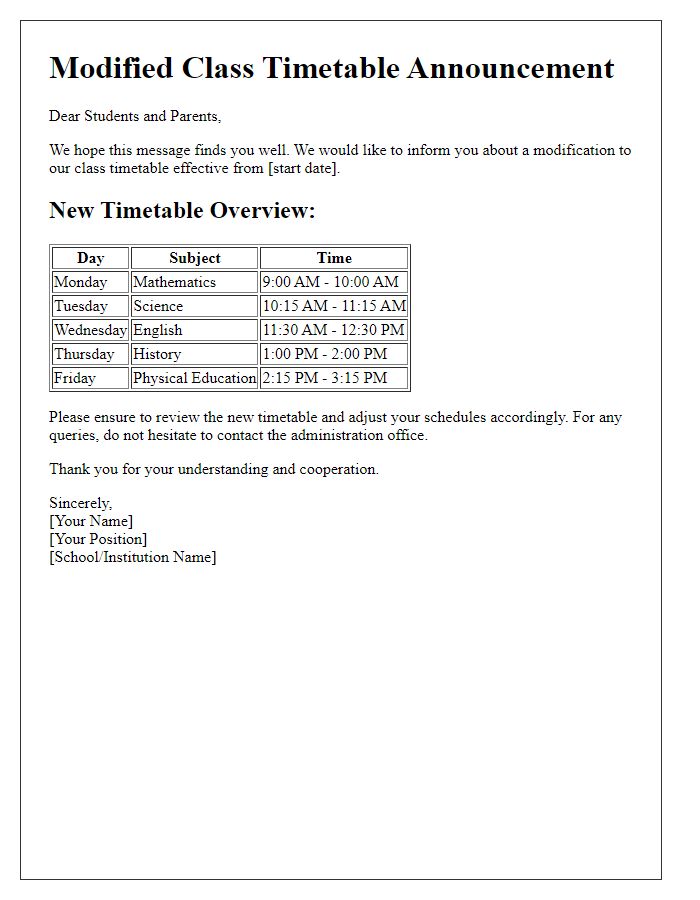 Letter template of modified class timetable announcement