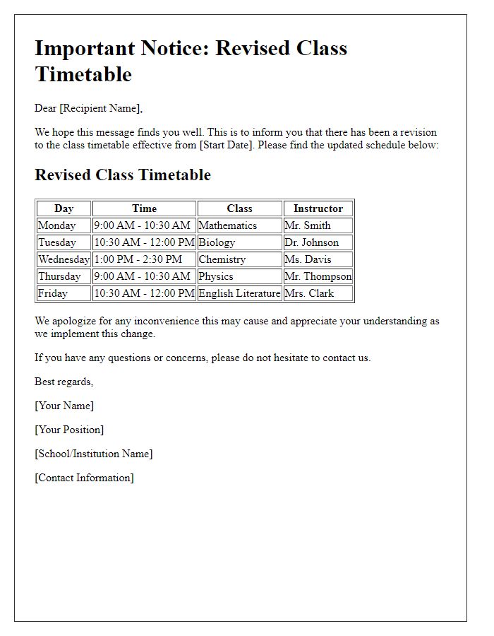 Letter template of revised class timetable alert