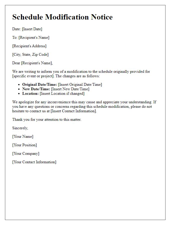 Letter template of schedule modification notice