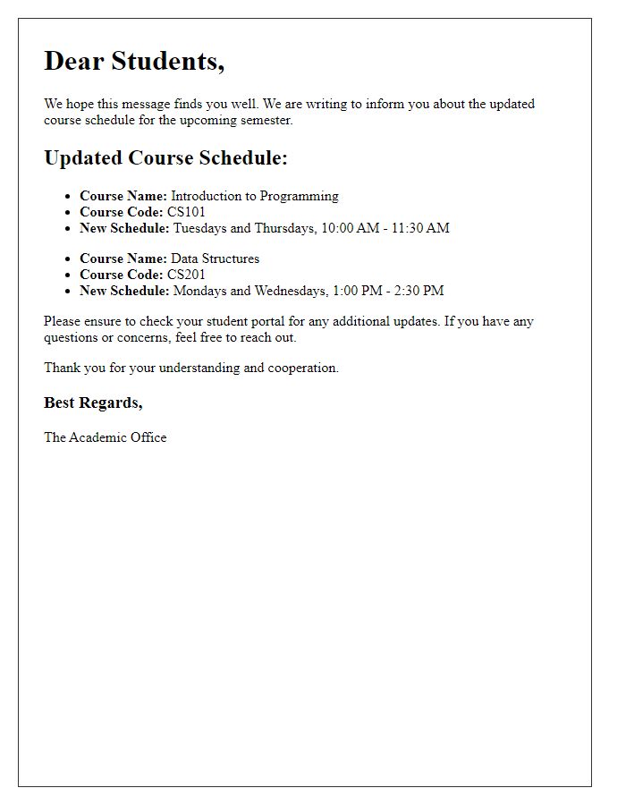 Letter template of updated course schedule communication