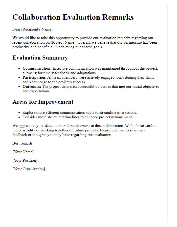 Letter template of collaboration evaluation remarks