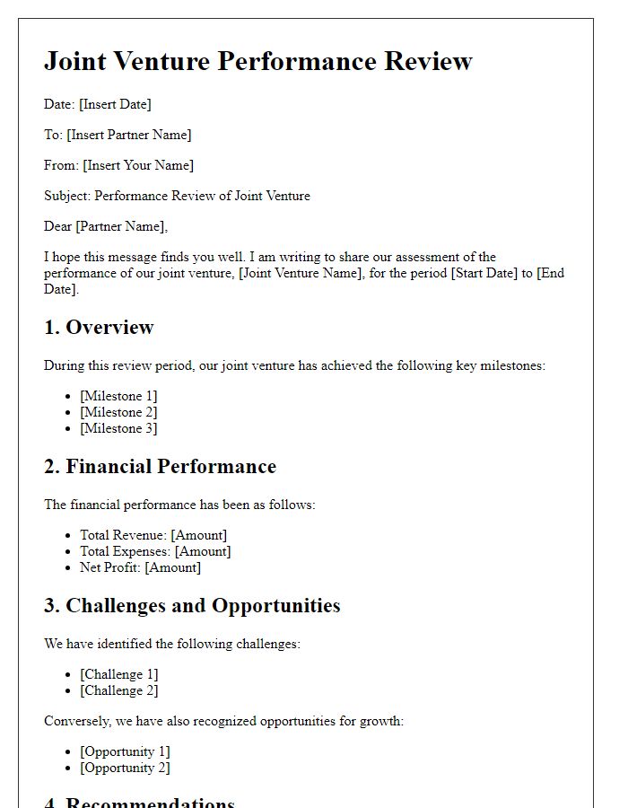 Letter template of joint venture performance review