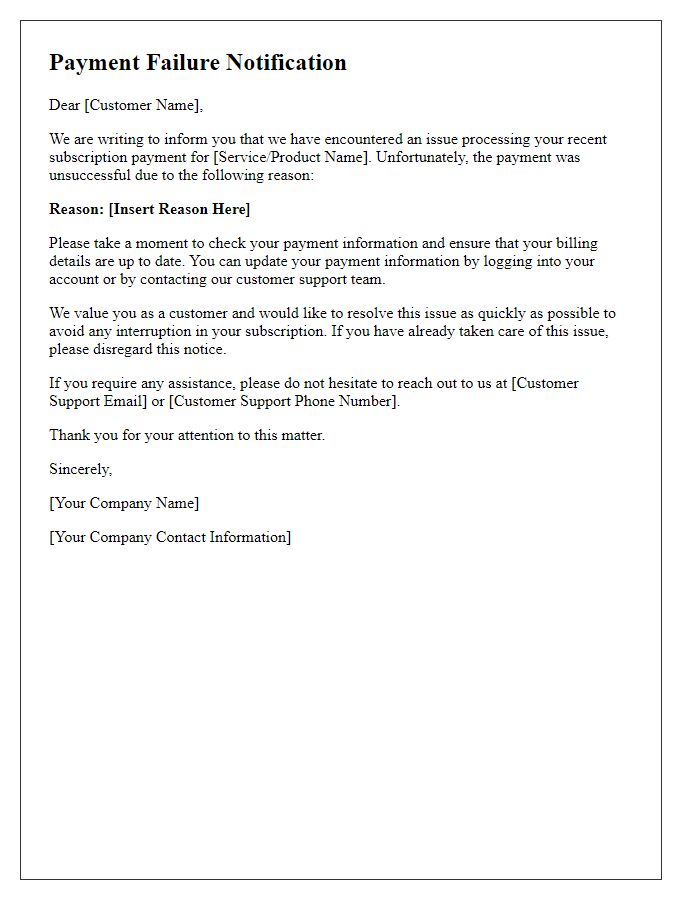 Letter template of subscription payment failure notification