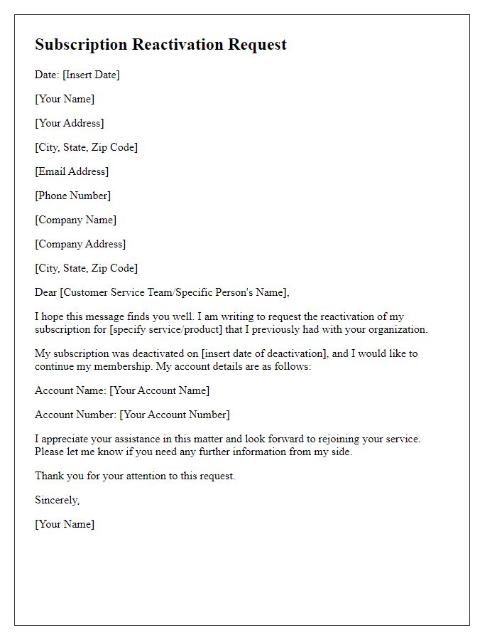Letter template of subscription reactivation request