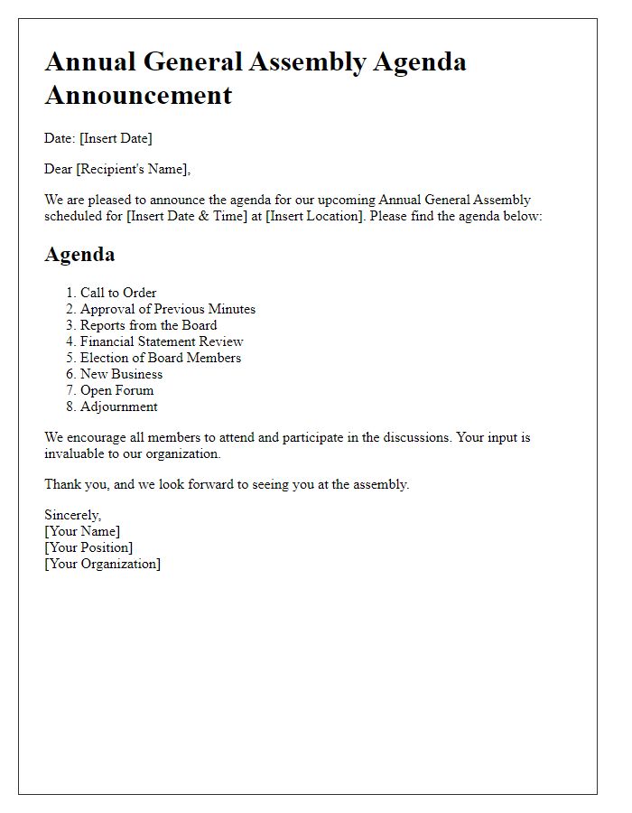 Letter template of agenda announcement for annual general assembly