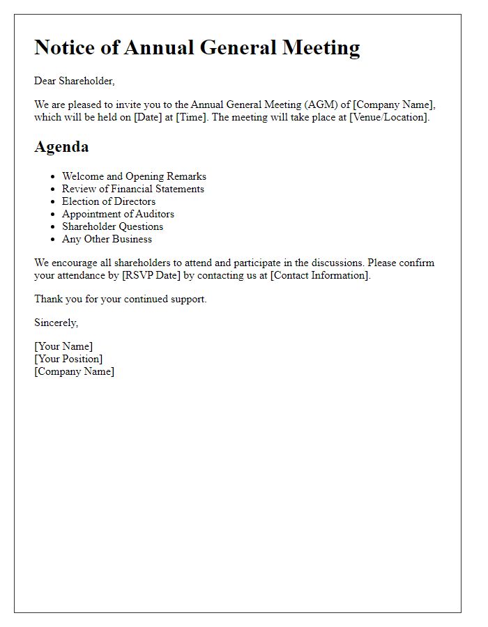 Letter template of annual general meeting details for shareholders