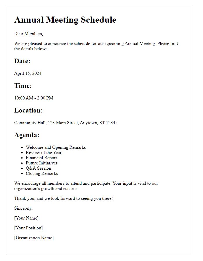 Letter template of annual meeting schedule for organization members