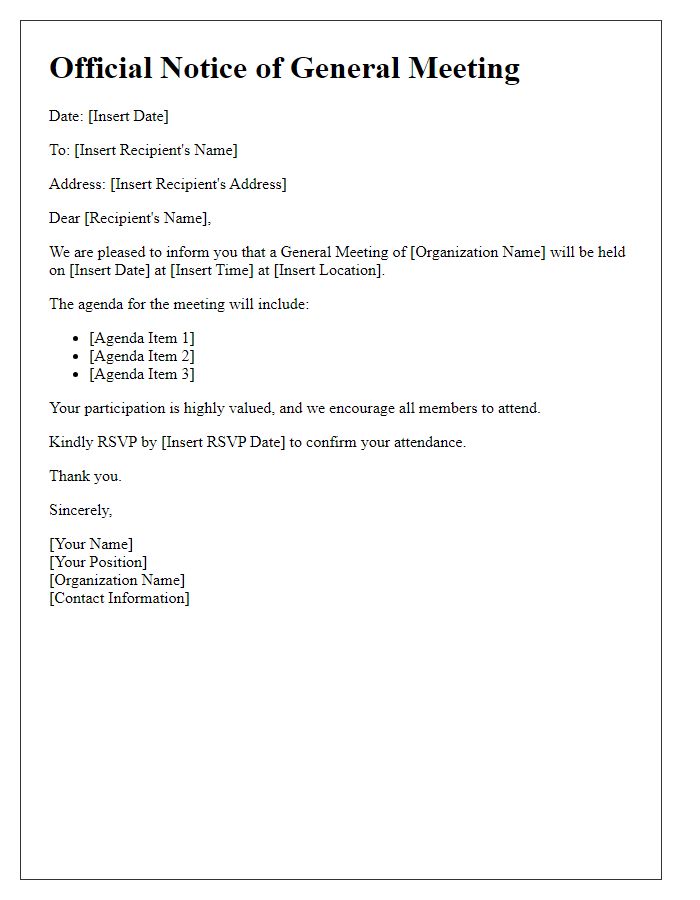 Letter template of official notice for upcoming general meeting