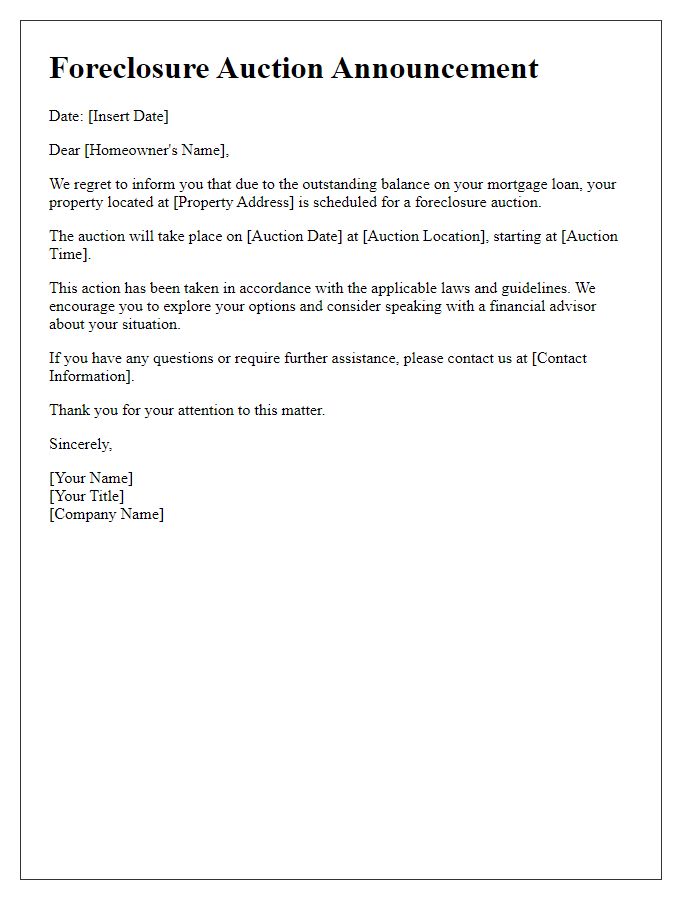 Letter template of foreclosure announcement for upcoming auction.