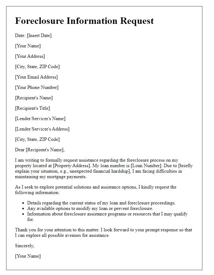 Letter template of foreclosure information request for assistance.