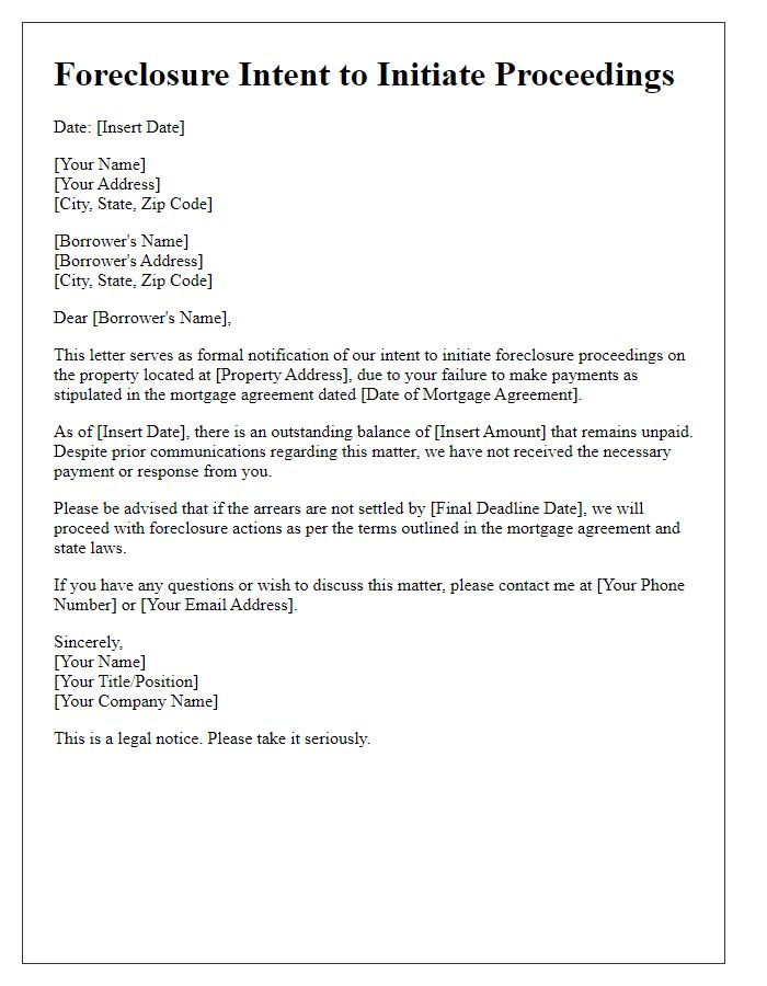 Letter template of foreclosure intent to initiate proceedings.