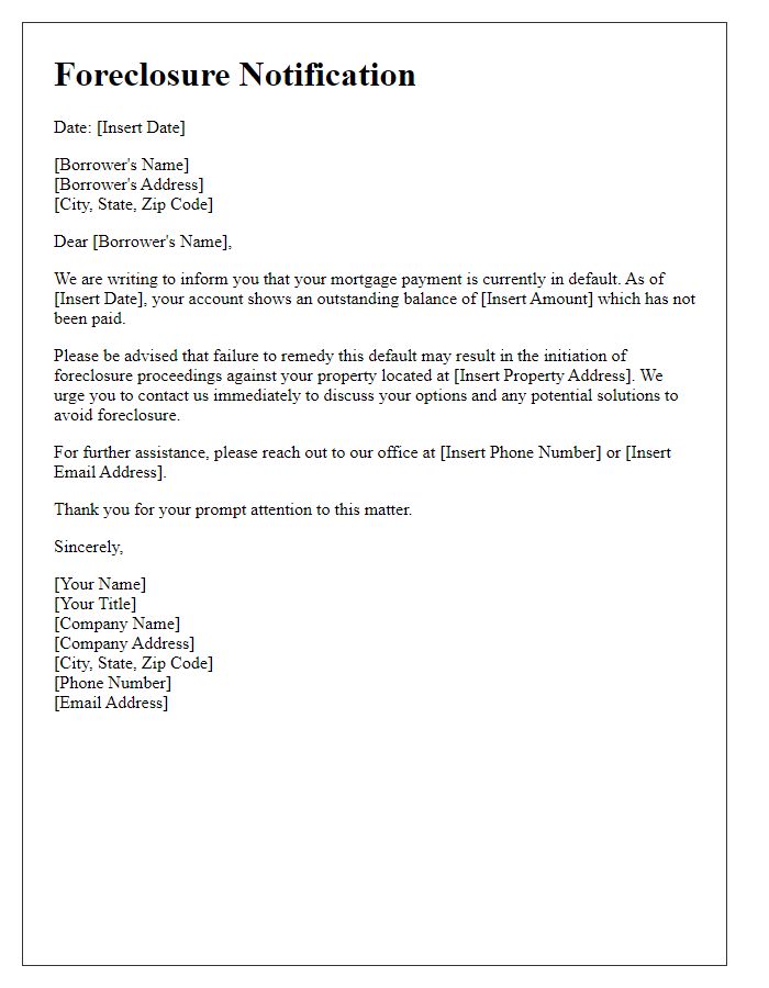 Letter template of foreclosure notification for mortgage default.