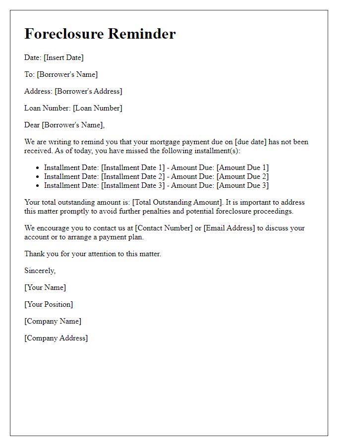 Letter template of foreclosure reminder for missed installments.