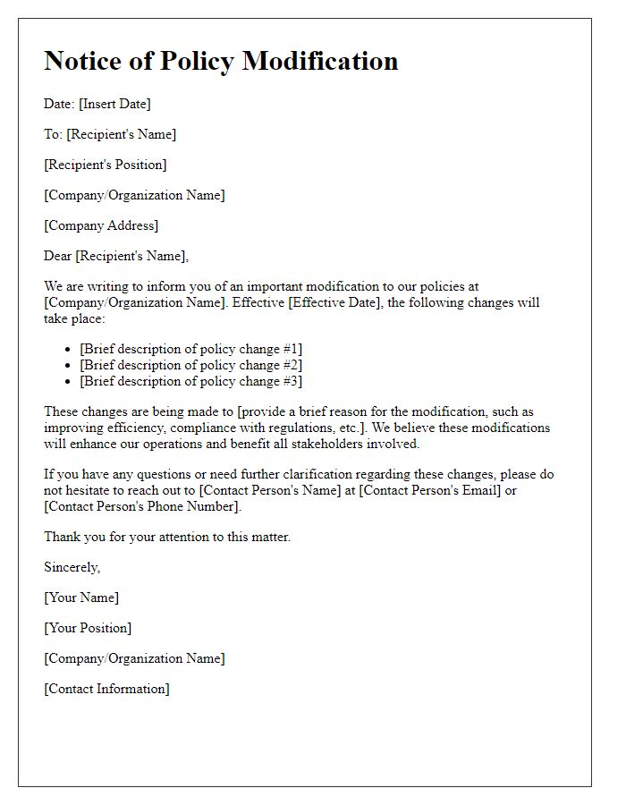 Letter template of policy modification communication