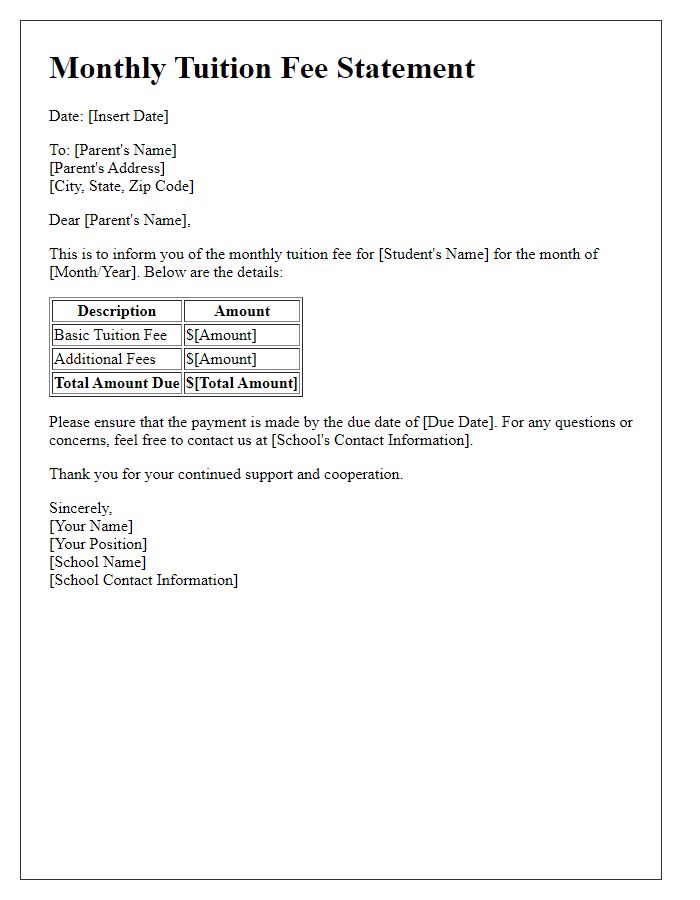 Letter template of Monthly Tuition Fee Statement