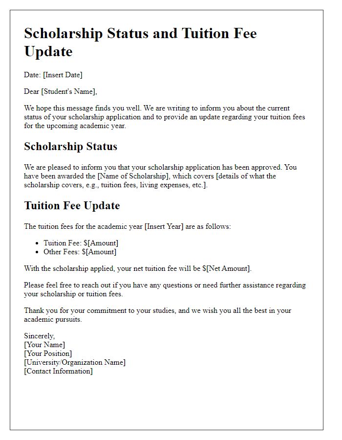 Letter template of Scholarship Status and Tuition Fee Update