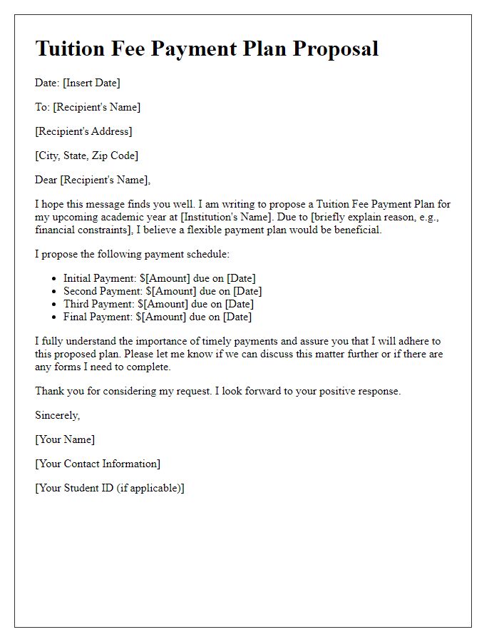 Letter template of Tuition Fee Payment Plan Proposal