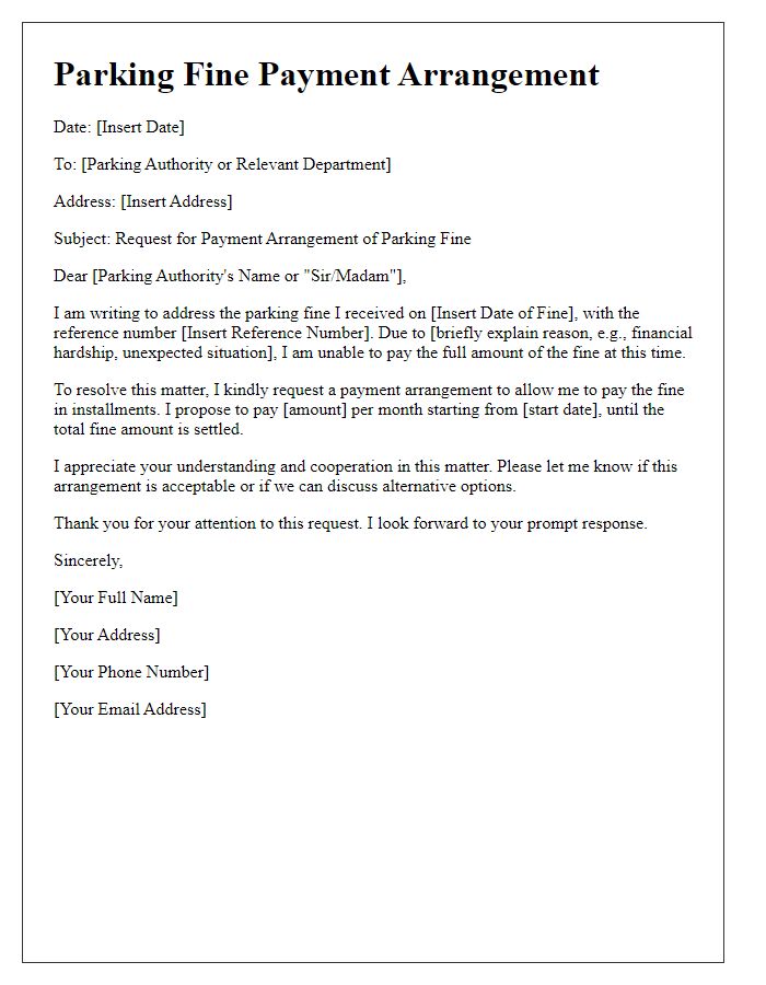 Letter template of parking fine payment arrangement