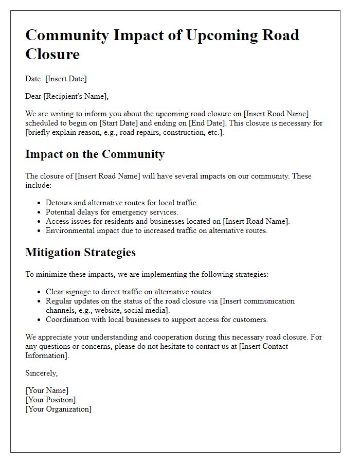 Letter template of community impact from road closure