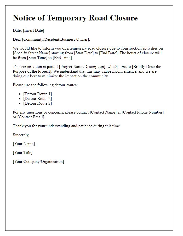 Letter template of construction-related road closure