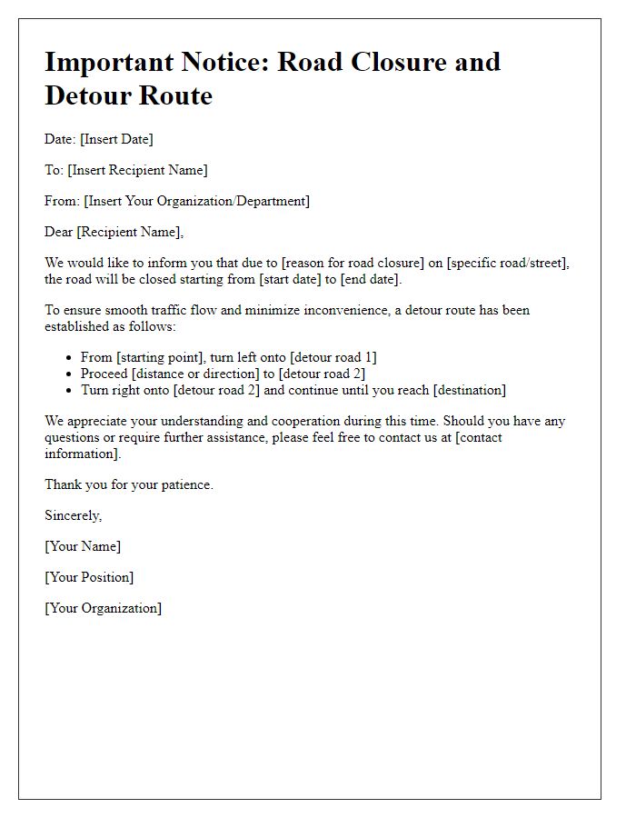 Letter template of detour route during road closure